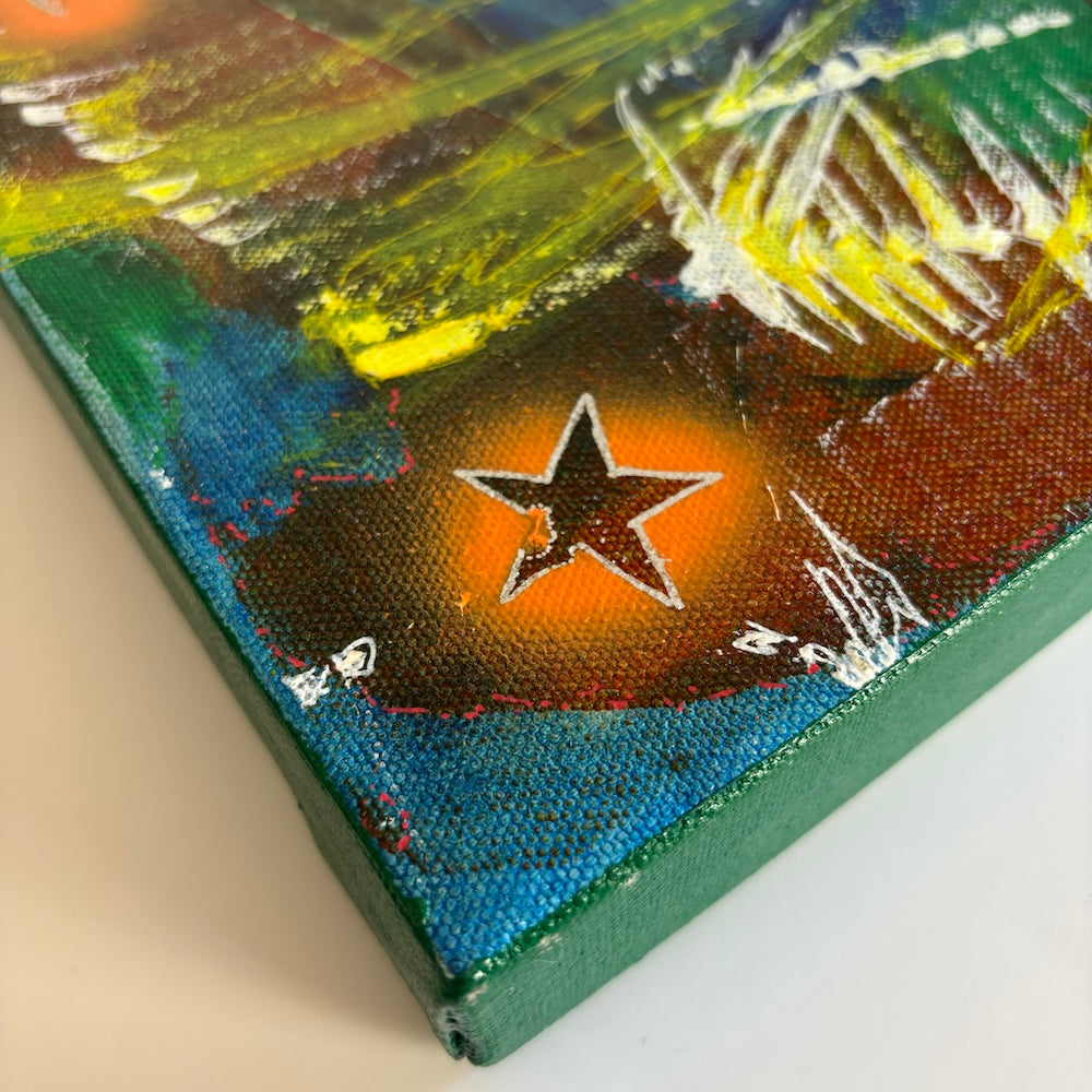 a multi-coloured original canvas painting corner details