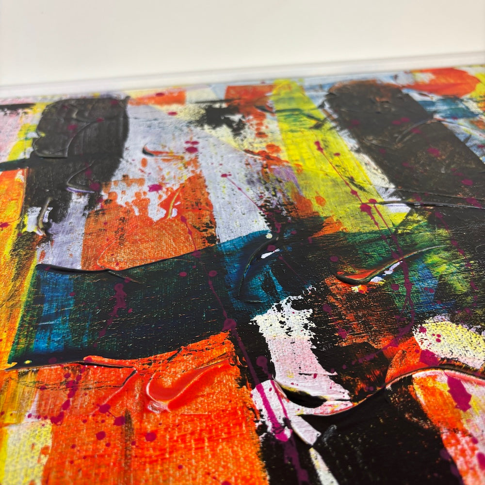 multi-colour abstract original canvas painting in a white float frame showing closeup detail