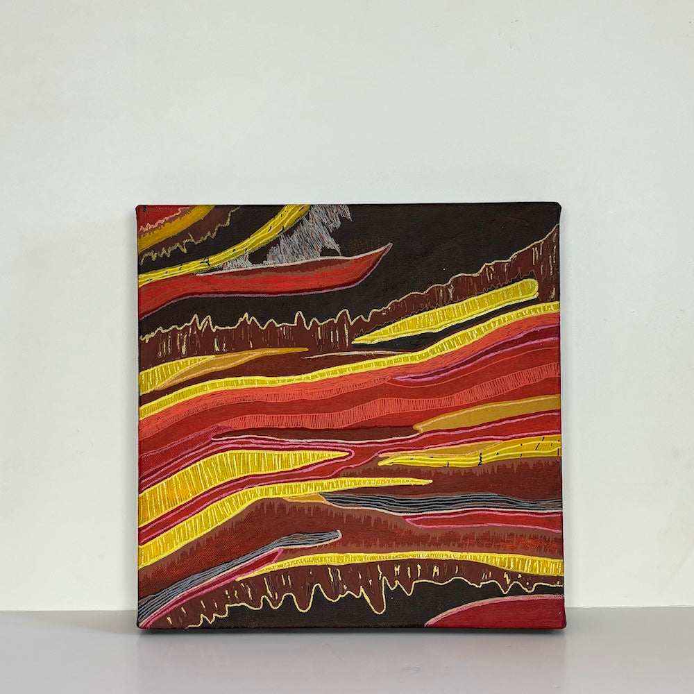 brown red abstract original canvas painting with a white backdrop