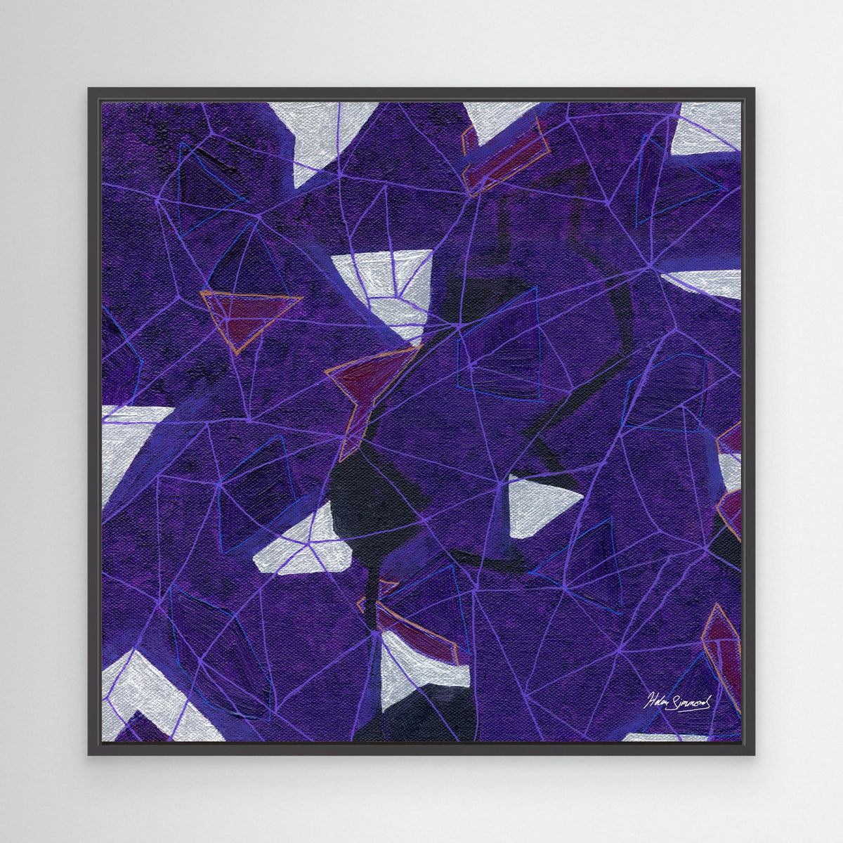 purple abstract canvas art print in black float frame, abstract wall art, Helen Simmonds Art