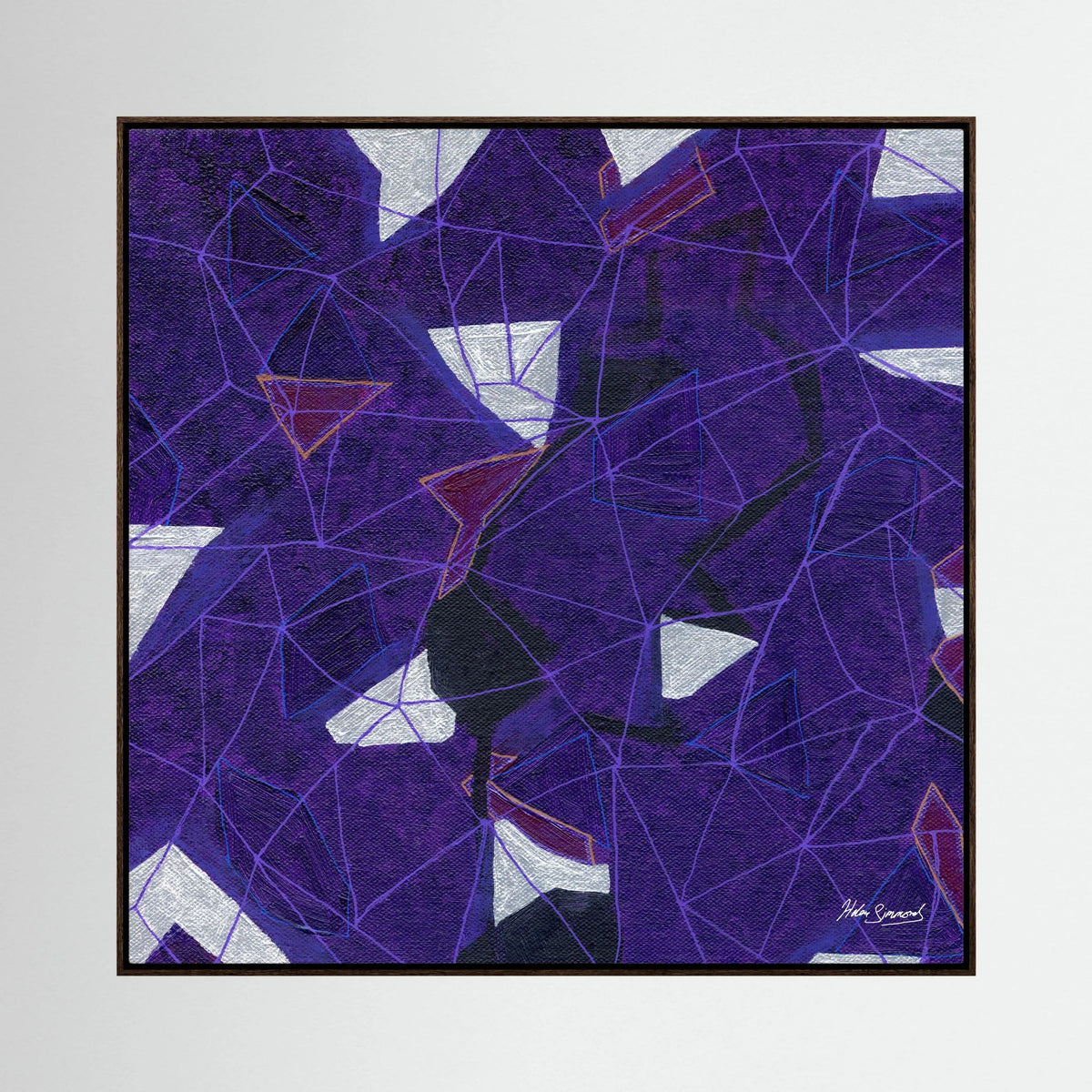 purple abstract canvas art print in dark oak float frame, abstract wall art, Helen Simmonds Art