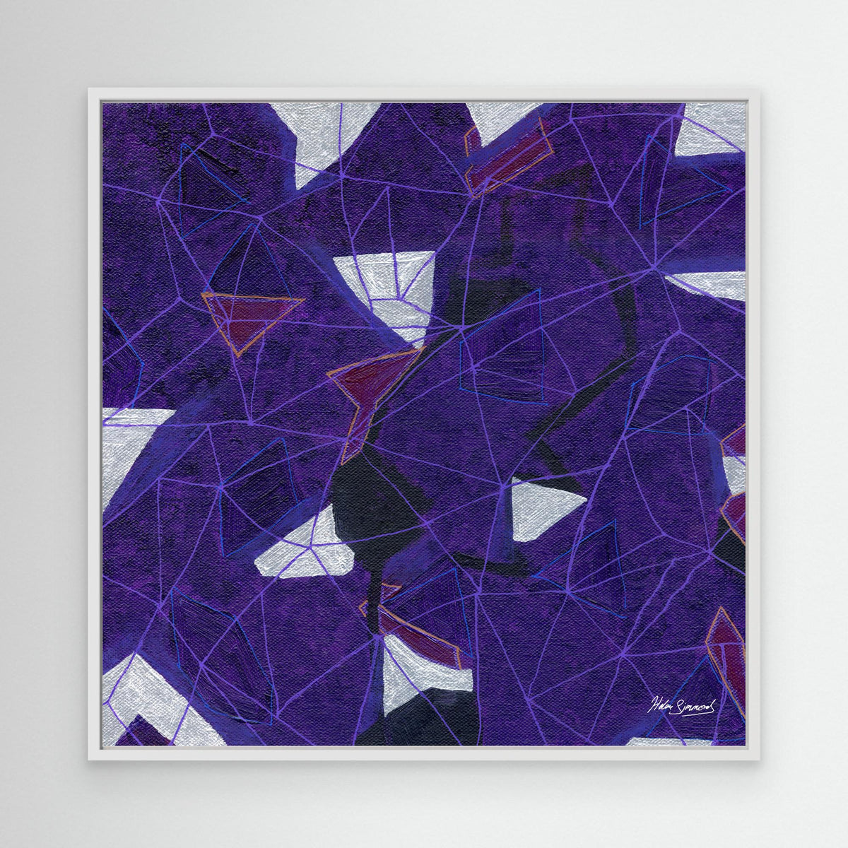purple abstract canvas art print in white float frame, abstract wall art, Helen Simmonds Art