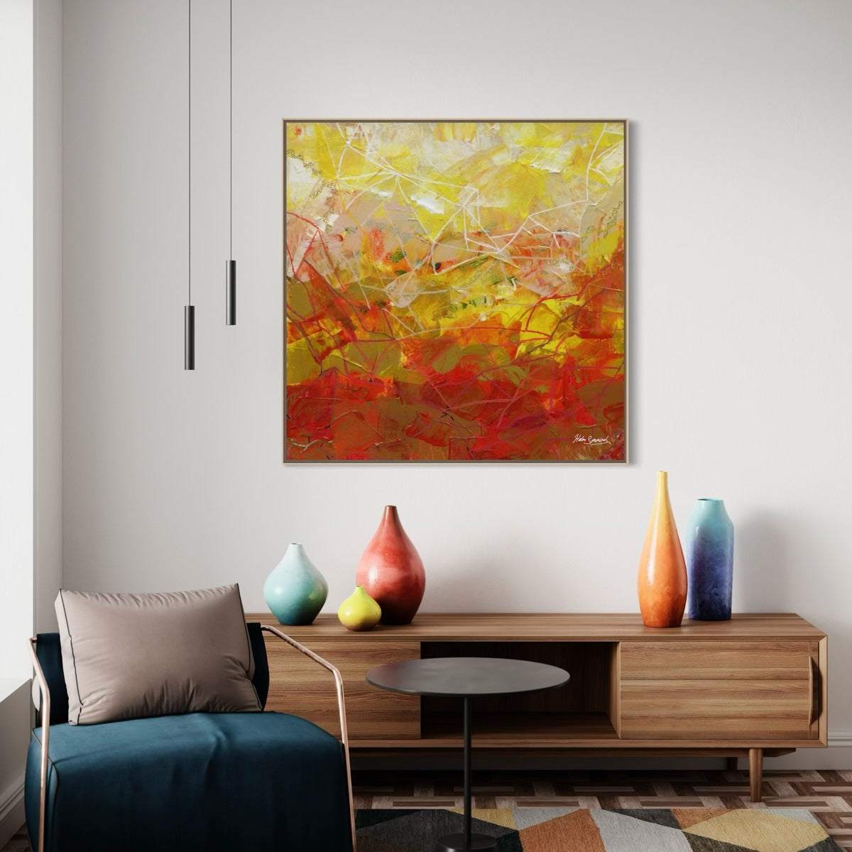 yellow orange abstract canvas art print in oak float frame, abstract wall art, Helen Simmonds Art