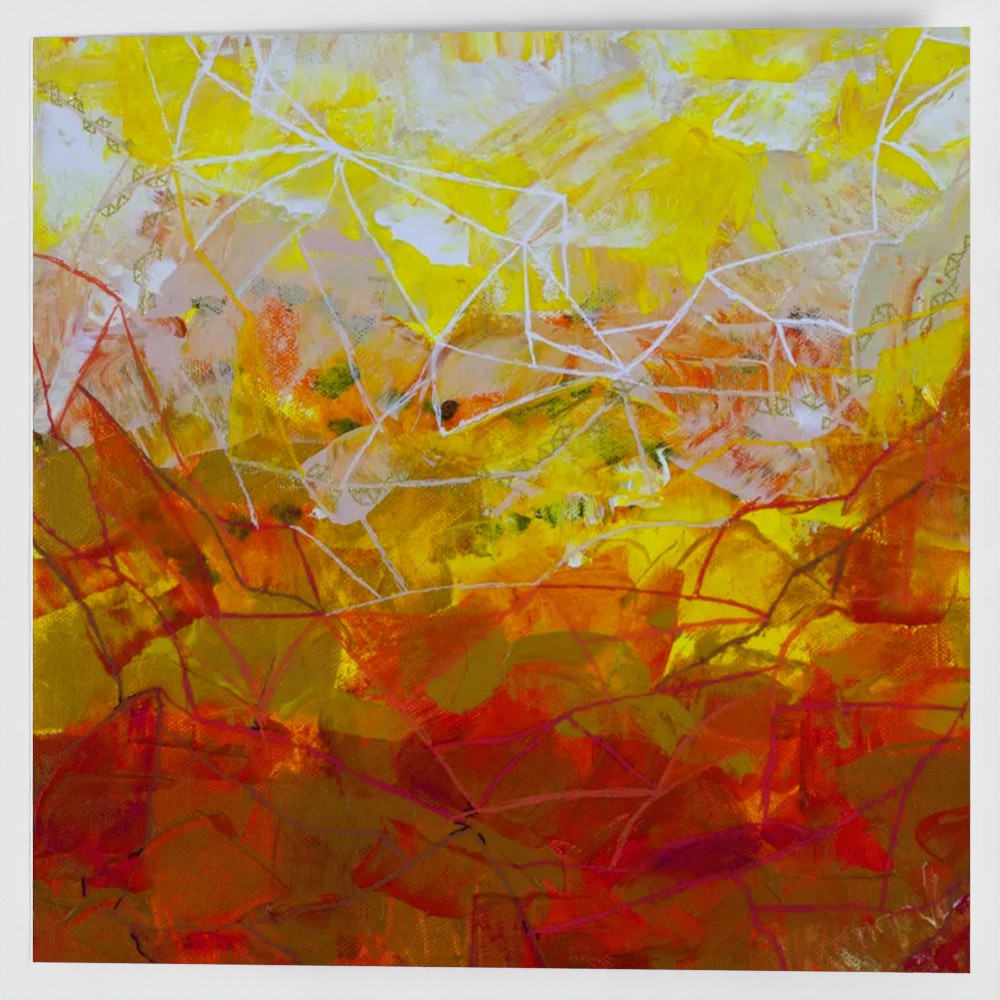 the front cover of a yellow square greeting card with an abstract design