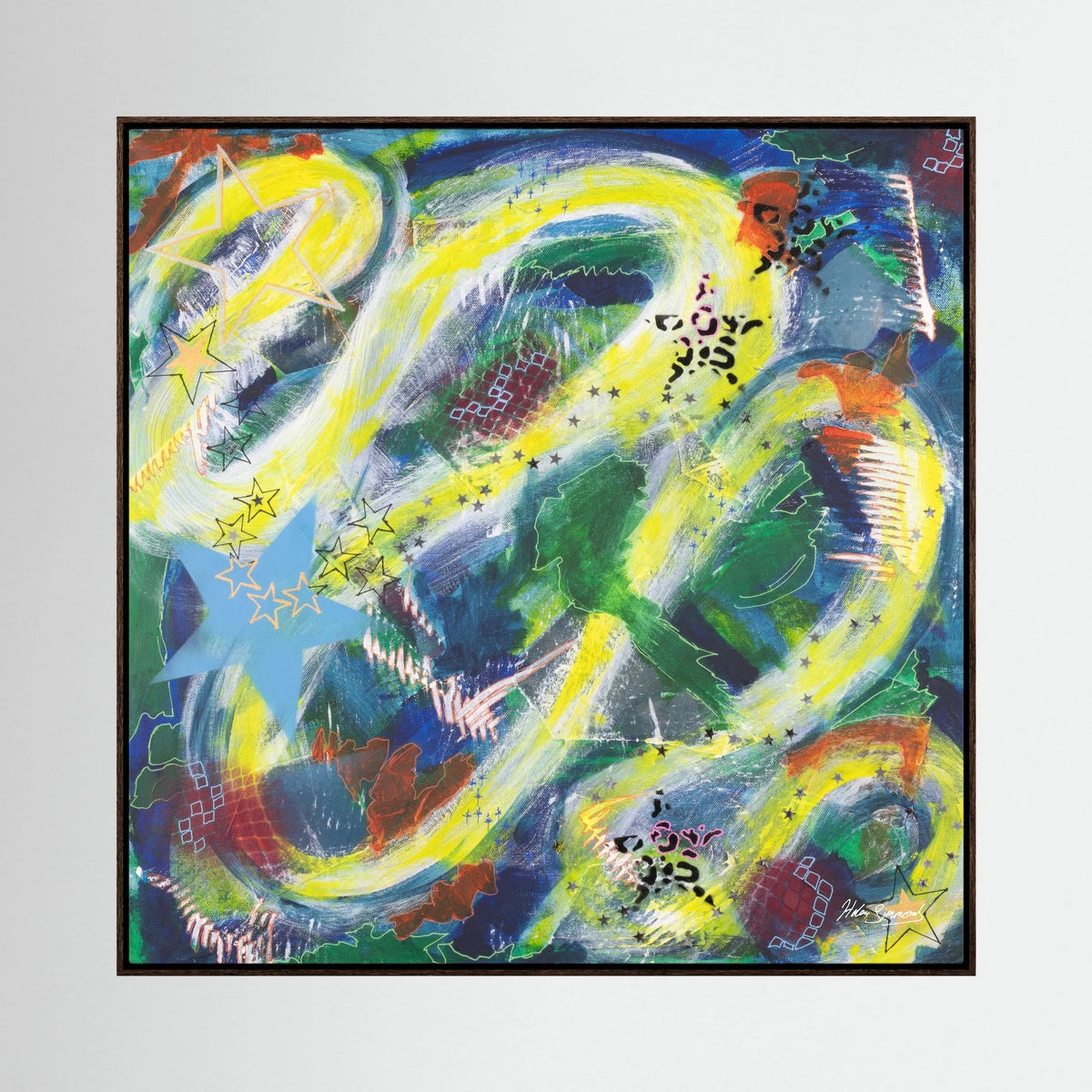 multi-colour abstract canvas art print in dark oak float frame, abstract wall art, Helen Simmonds Art
