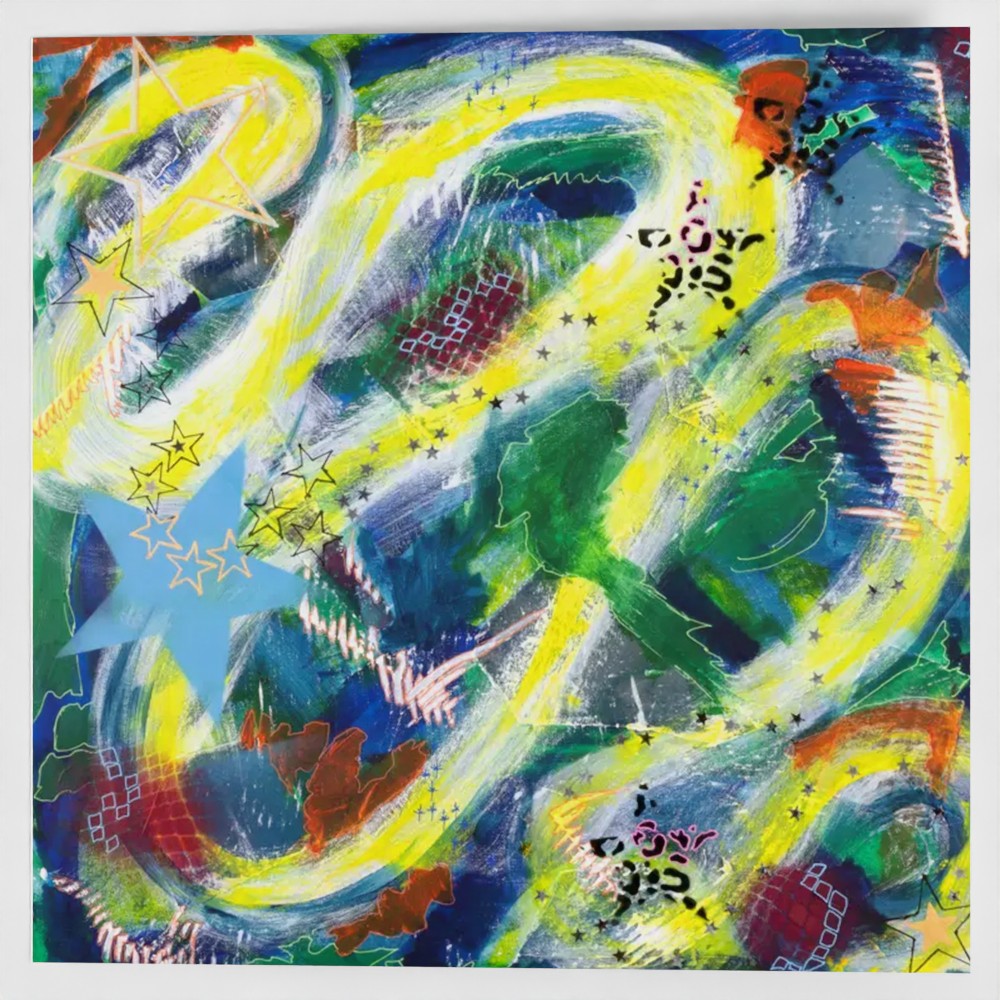 the front cover of a vibrant square greeting card in an abstract design