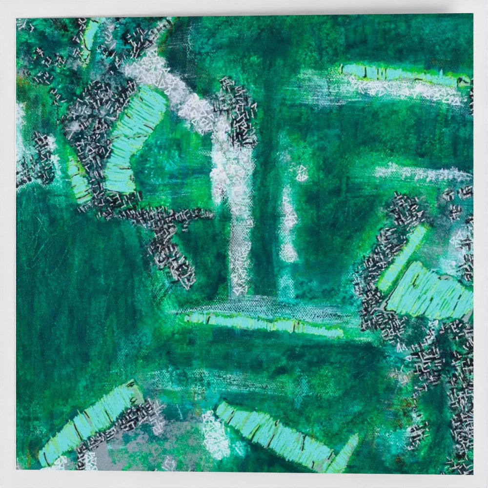 the front cover of a green square greeting card with an abstract design