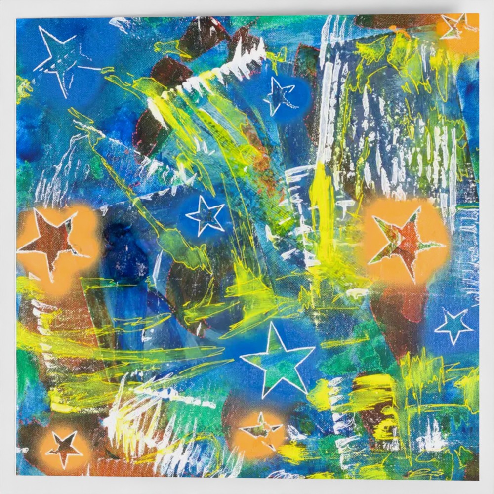 the front cover of a square greeting card in a multi-coloured abstract design