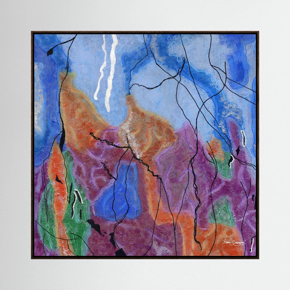 multi-colour abstract canvas art print in dark oak float frame, abstract wall art, Helen Simmonds Art