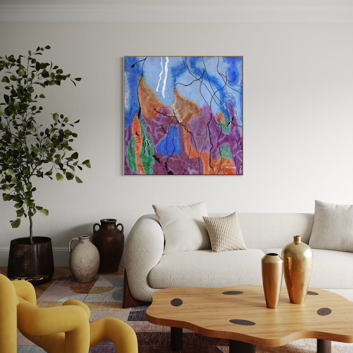 multi-colour abstract canvas art print in oak float frame, abstract wall art, Helen Simmonds Art