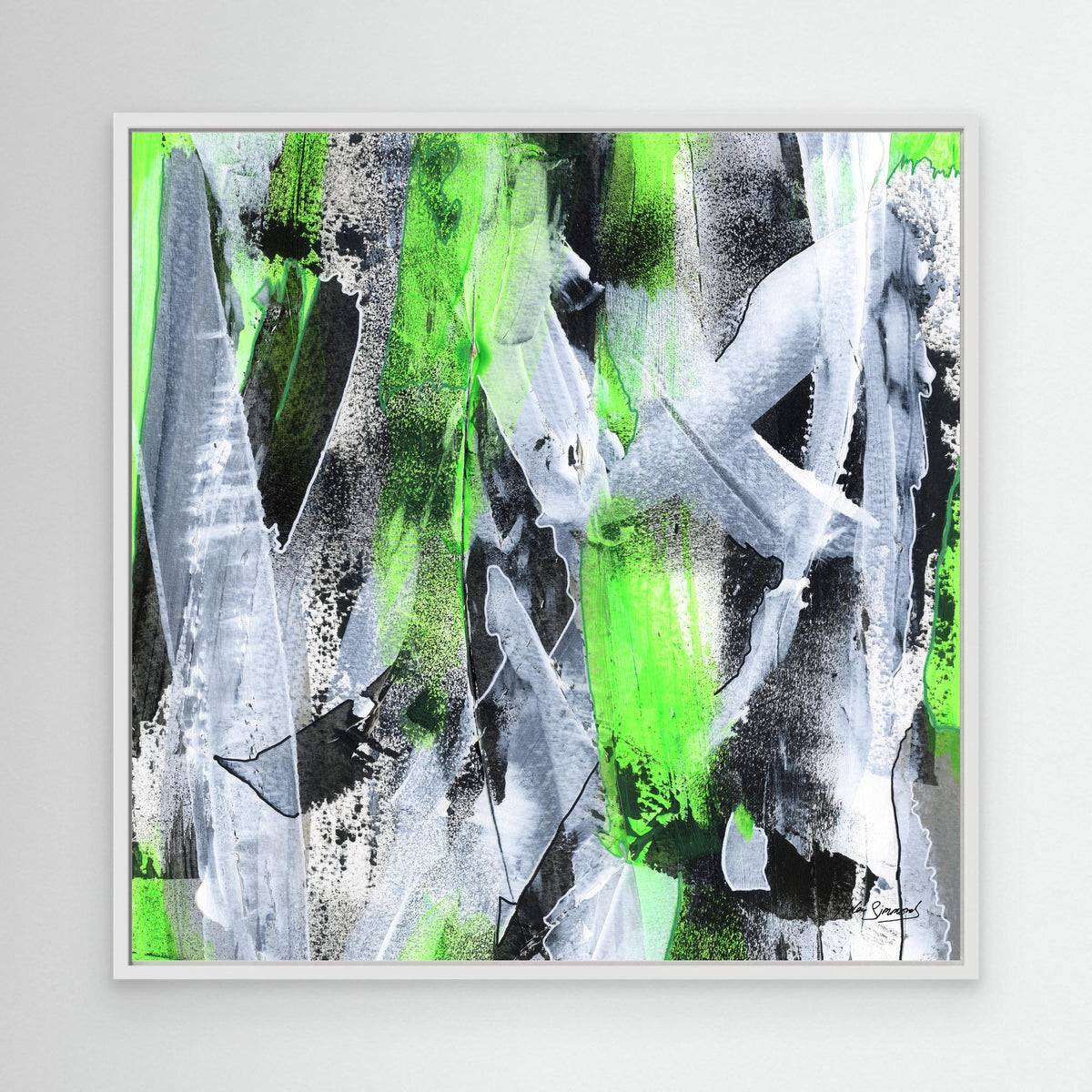 green abstract canvas art print in white float frame, abstract wall art, Helen Simmonds Art