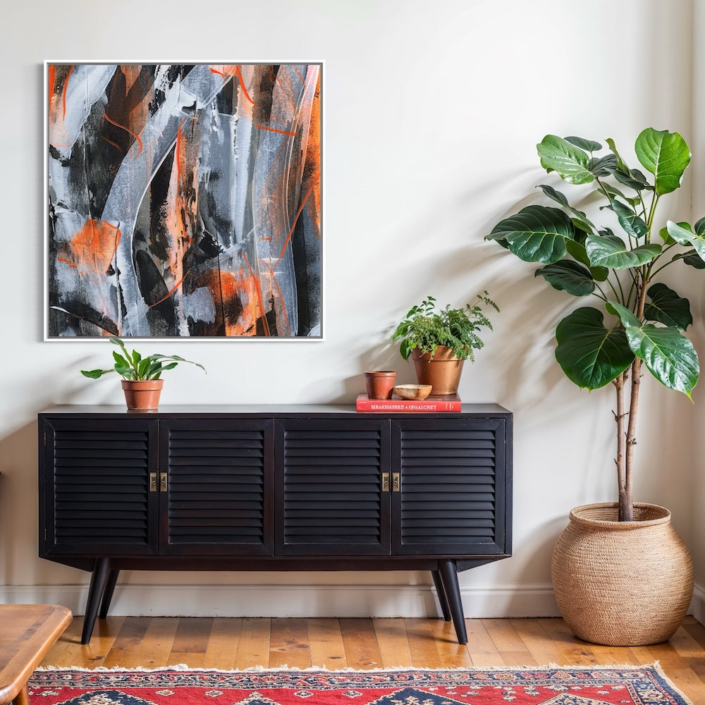 orange abstract canvas art print in white float frame, abstract wall art, Helen Simmonds Art