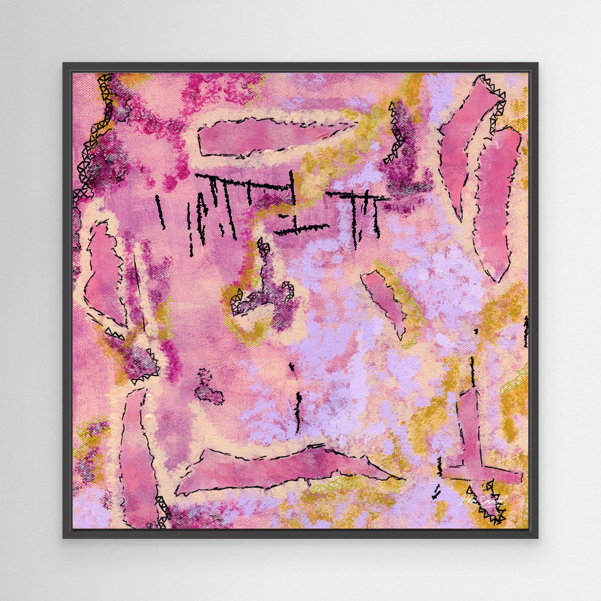 pink abstract canvas art print in black float frame, abstract wall art, Helen Simmonds Art