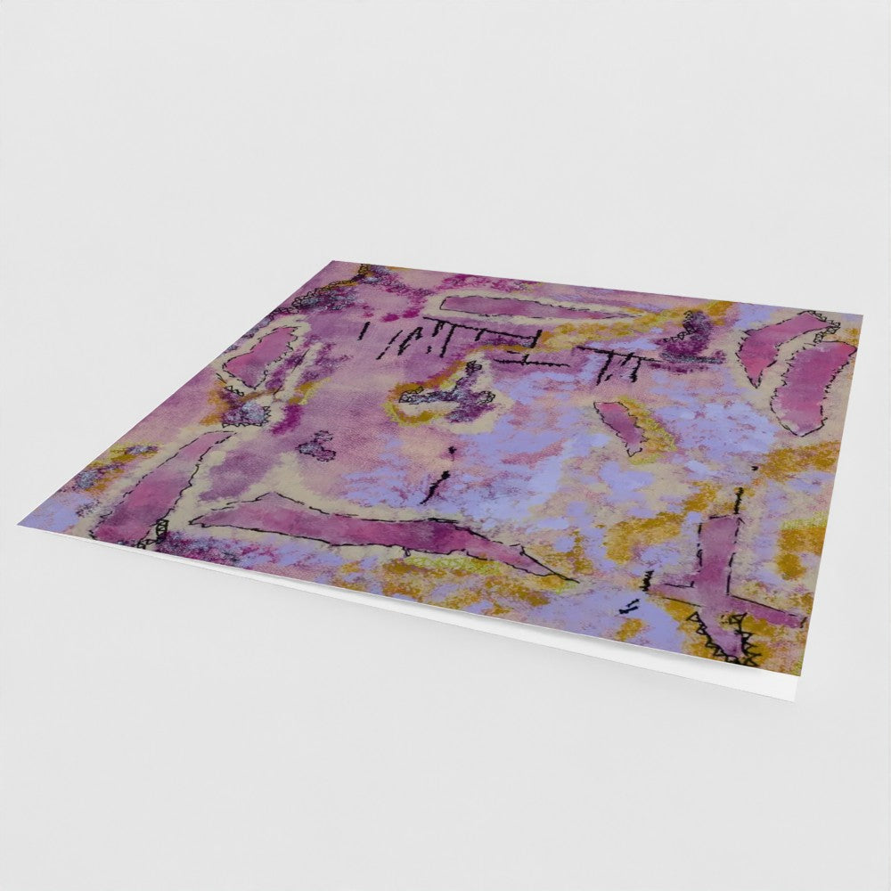 the front cover, at an angle, of a pink square greeting card with an abstract design