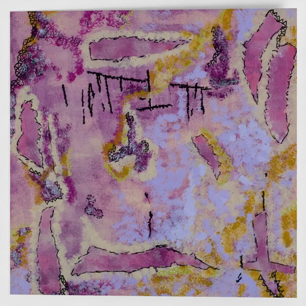 the front cover of a pink square greeting card with an abstract design