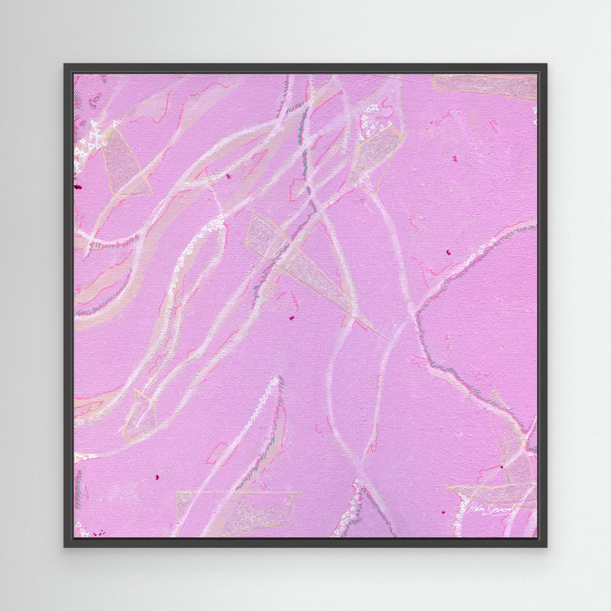 pink abstract canvas art print in black float frame, abstract wall art, Helen Simmonds Art