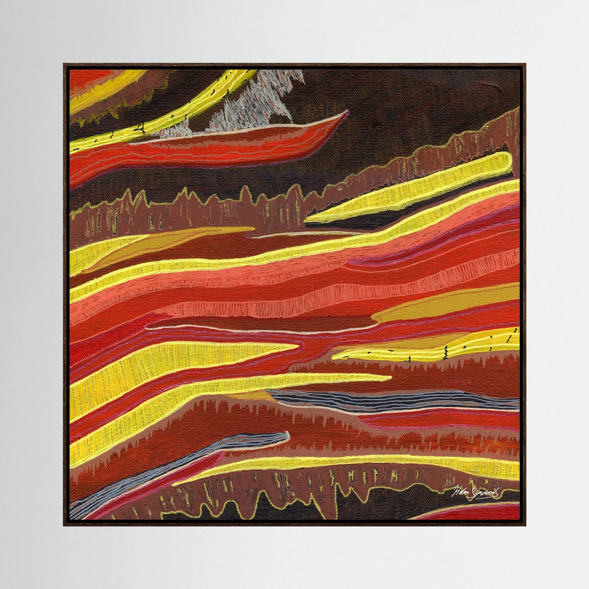 red brown abstract canvas art print in dark oak float frame, abstract wall art, Helen Simmonds Art