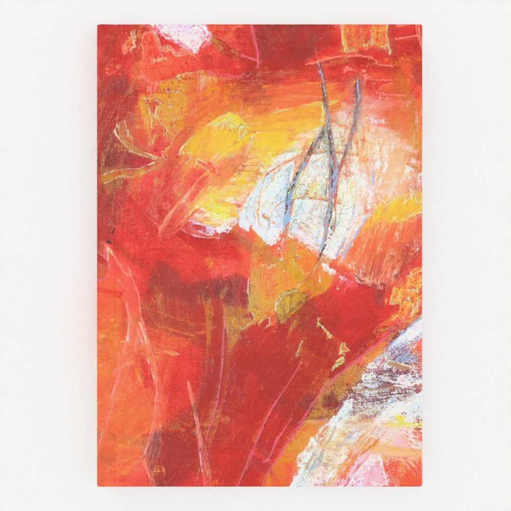 the front cover of an A5 hardback journal with an orange abstract design 