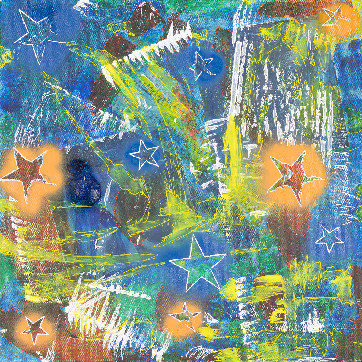 Abstract artwork with stars and colorful brush strokes