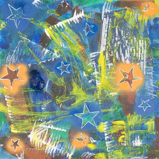 Abstract artwork with stars and colorful brush strokes