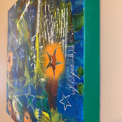 Abstract painting with stars and deep green edges