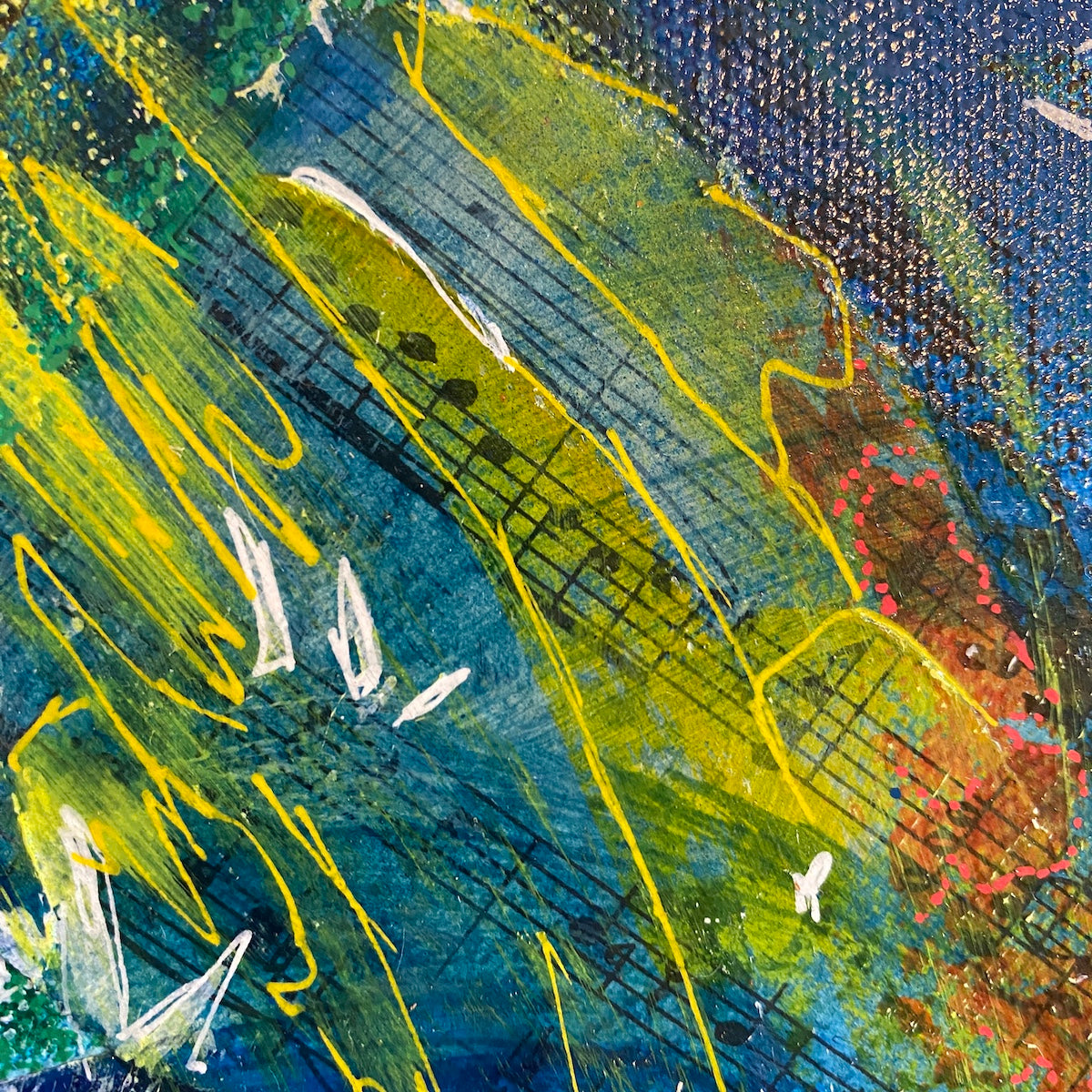 Abstract art with yellow, green, blue, and red colours