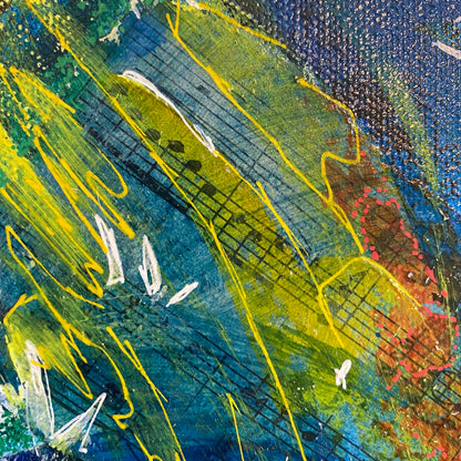 Abstract art with yellow, green, blue, and red colours