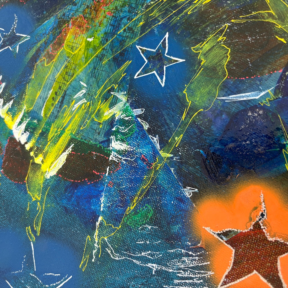 a multi-coloured original canvas painting closeup details