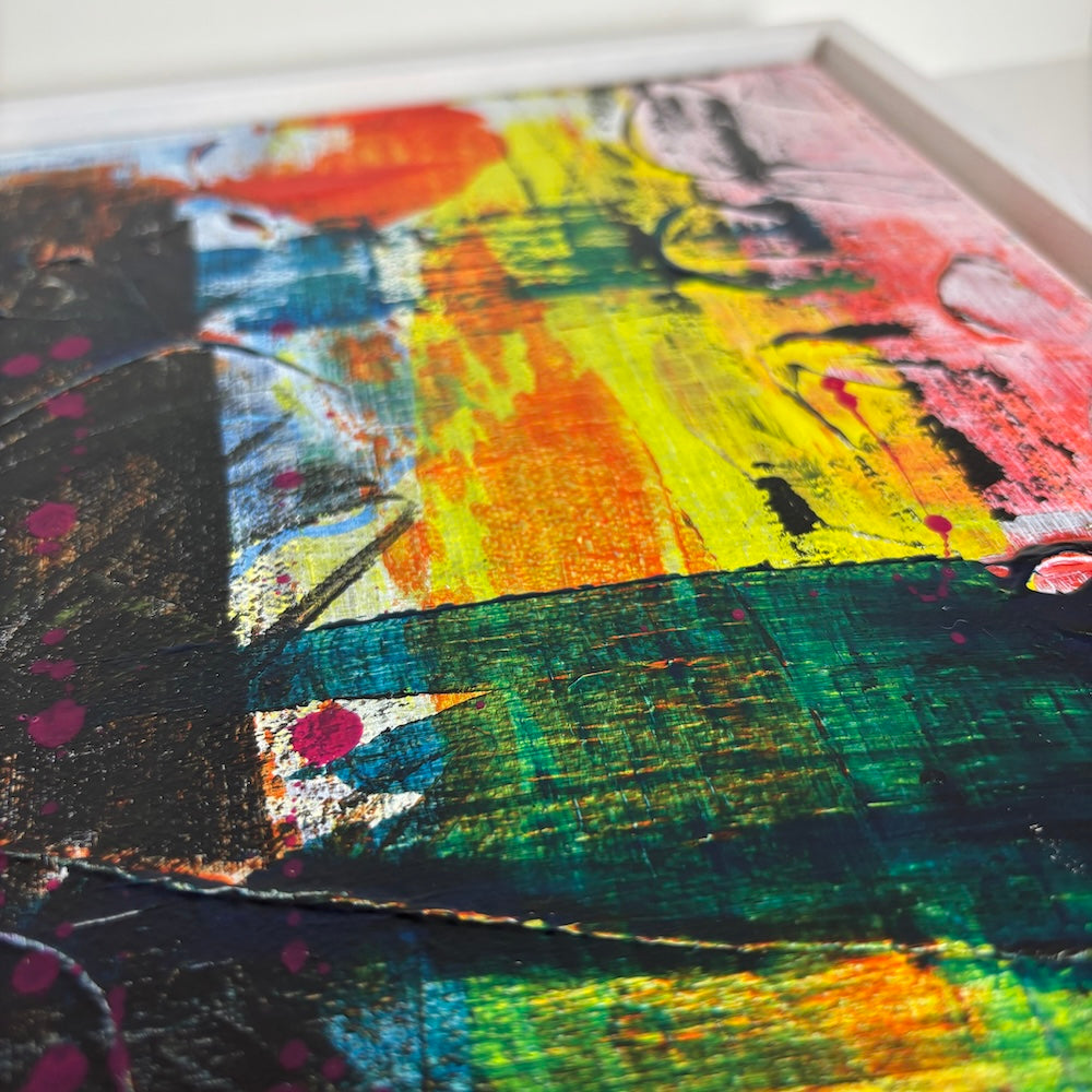 multi-colour abstract original canvas painting in a white float frame showing back edge detail
