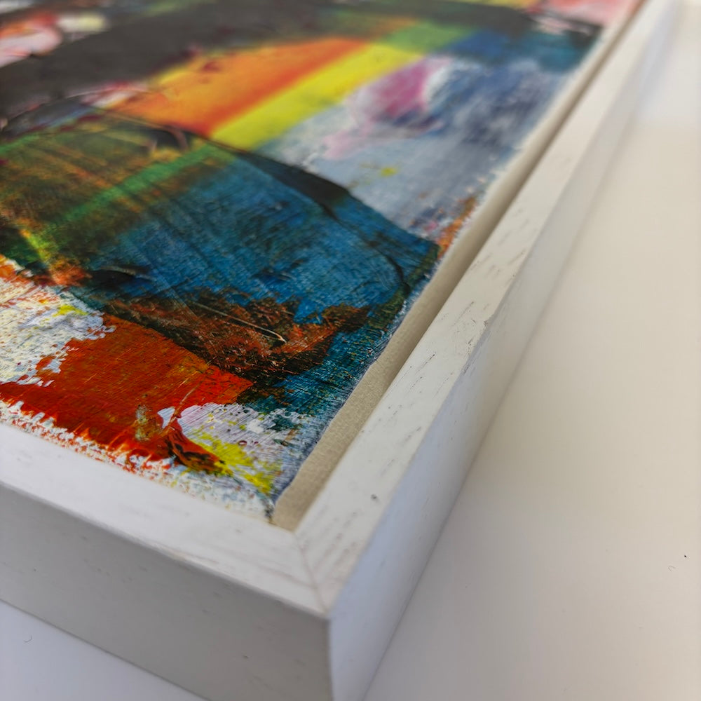 multi-colour abstract original canvas painting in a white float frame showing corner details
