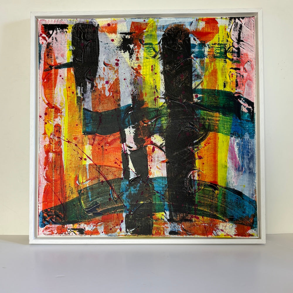 multi-colour abstract original canvas painting in a white float frame with a white backdrop