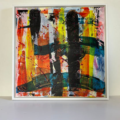 multi-colour abstract original canvas painting in a white float frame with a white backdrop
