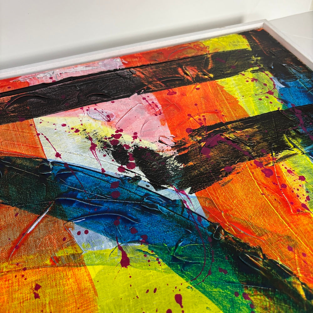 multi-colour abstract original canvas painting in a white float frame showing back edge details
