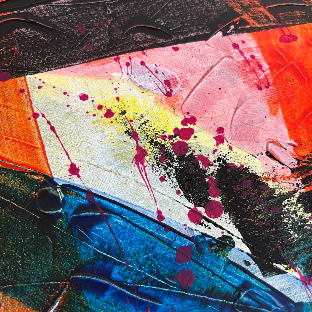 multi-colour abstract original canvas painting in a white float frame showing closeup details
