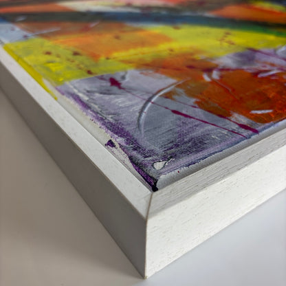 multi-colour abstract original canvas painting in a white float frame showing corner frame details