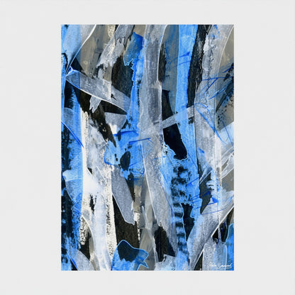 A blue abstract paper art print styled on a light wall