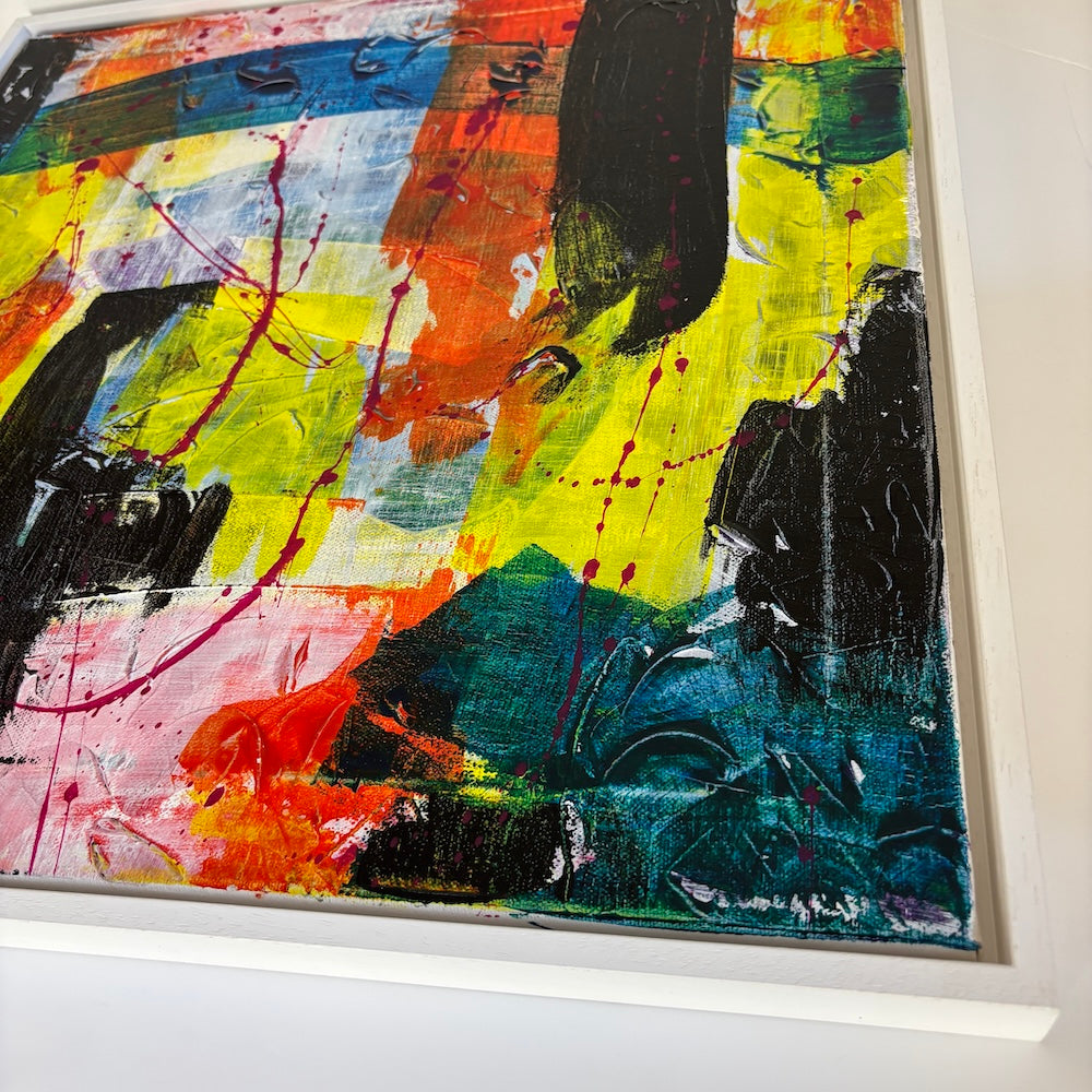 multi-colour abstract original canvas painting in a white float frame showing edge details