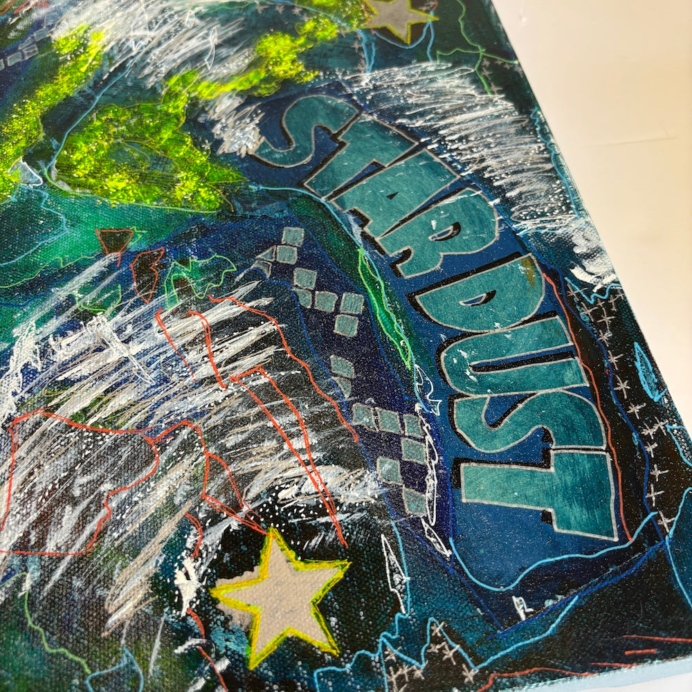 Colourful abstract original canvas details featuring words 'Star Dust'.
