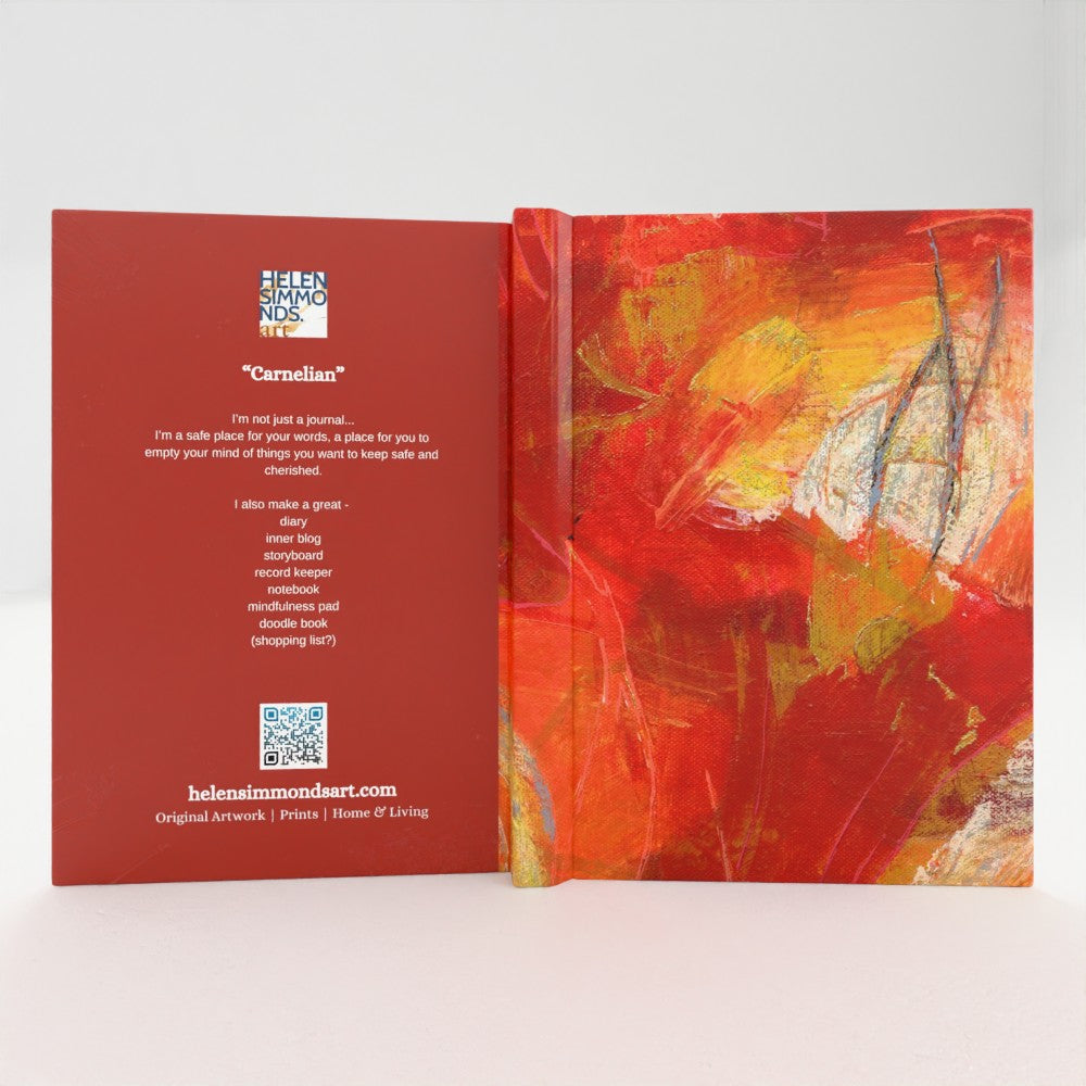 the exterior design of a 5x7inch hardback journal with an orange abstract design