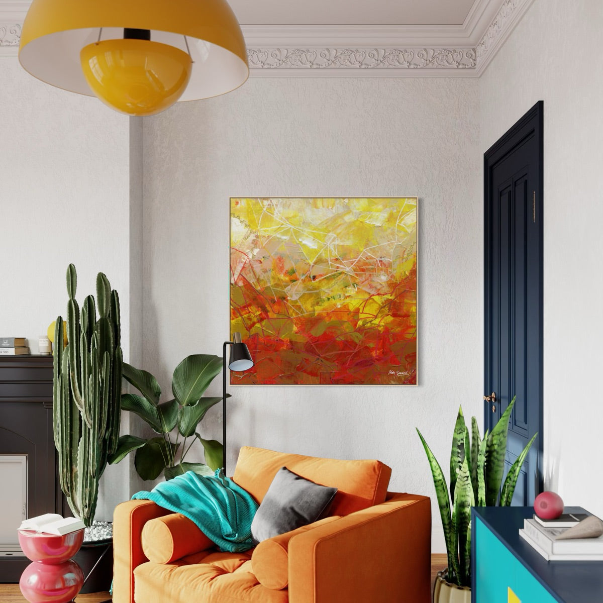 yellow orange abstract canvas art print in white float frame, abstract wall art, Helen Simmonds Art