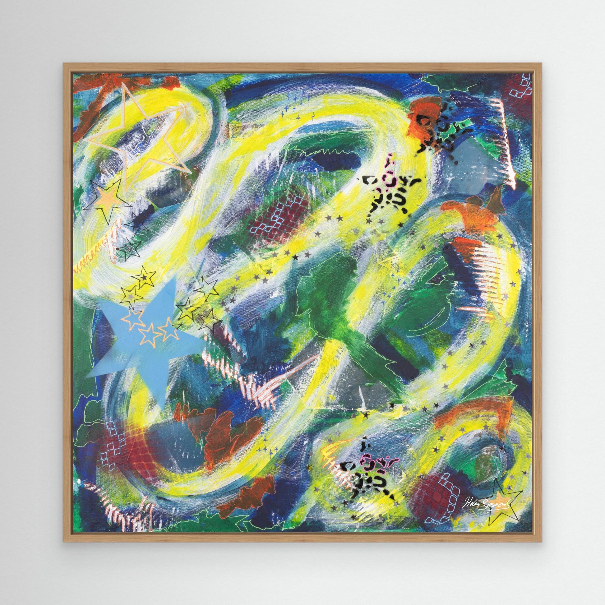 Square natural framed multi-coloured abstract canvas wall art print mockup