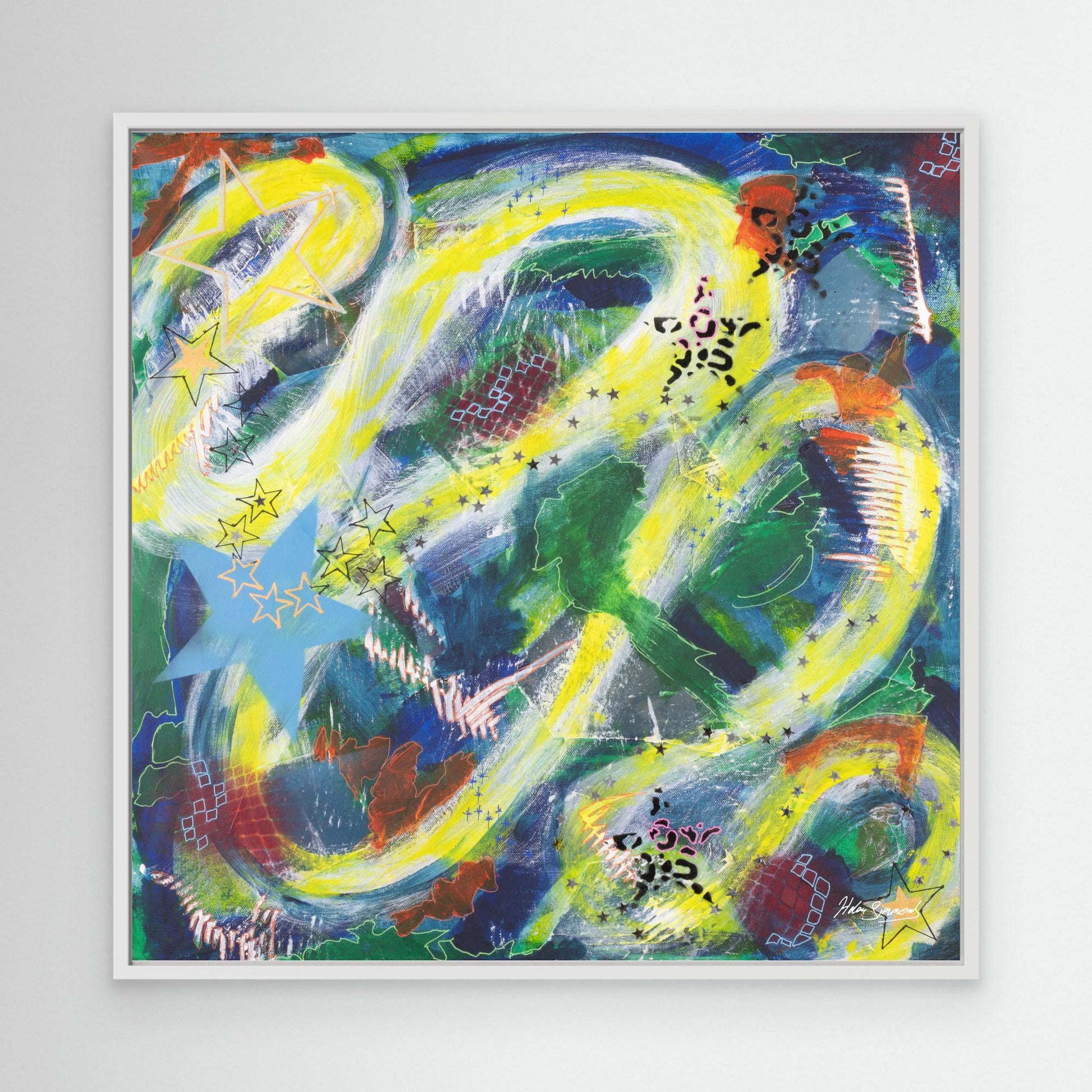Square white framed multi-coloured abstract canvas wall art print mockup