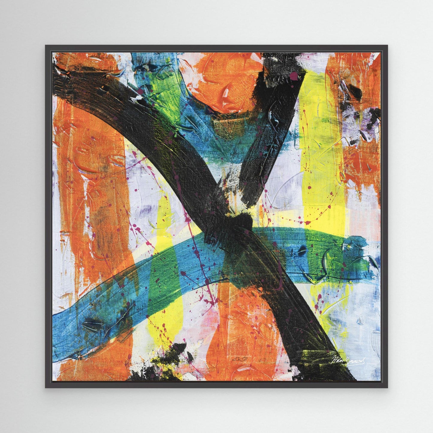 Multi-coloured black framed vibrant abstract canvas wall art print