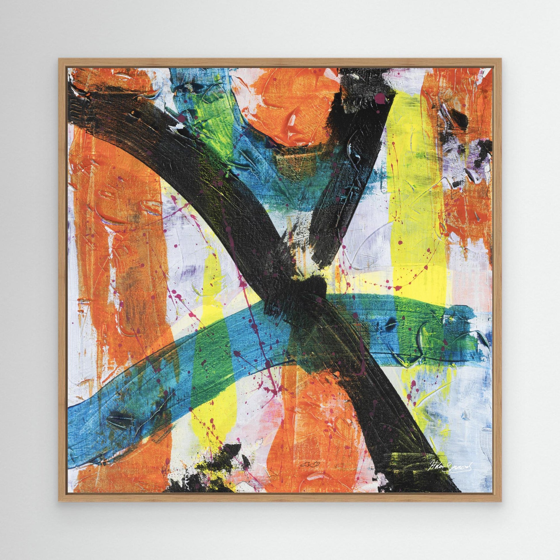 Multi-coloured natural framed vibrant abstract canvas wall art print