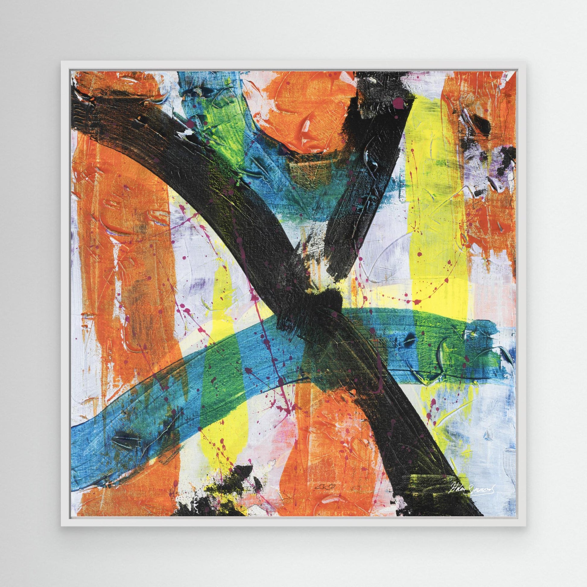 Multi-coloured white framed vibrant abstract canvas wall art print