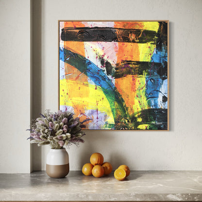multi-coloured natural framed abstract canvas wall art print styled in a kitchen
