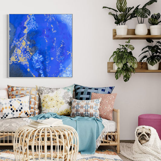 blue abstract canvas art print in white float frame, abstract wall art, Helen Simmonds Art