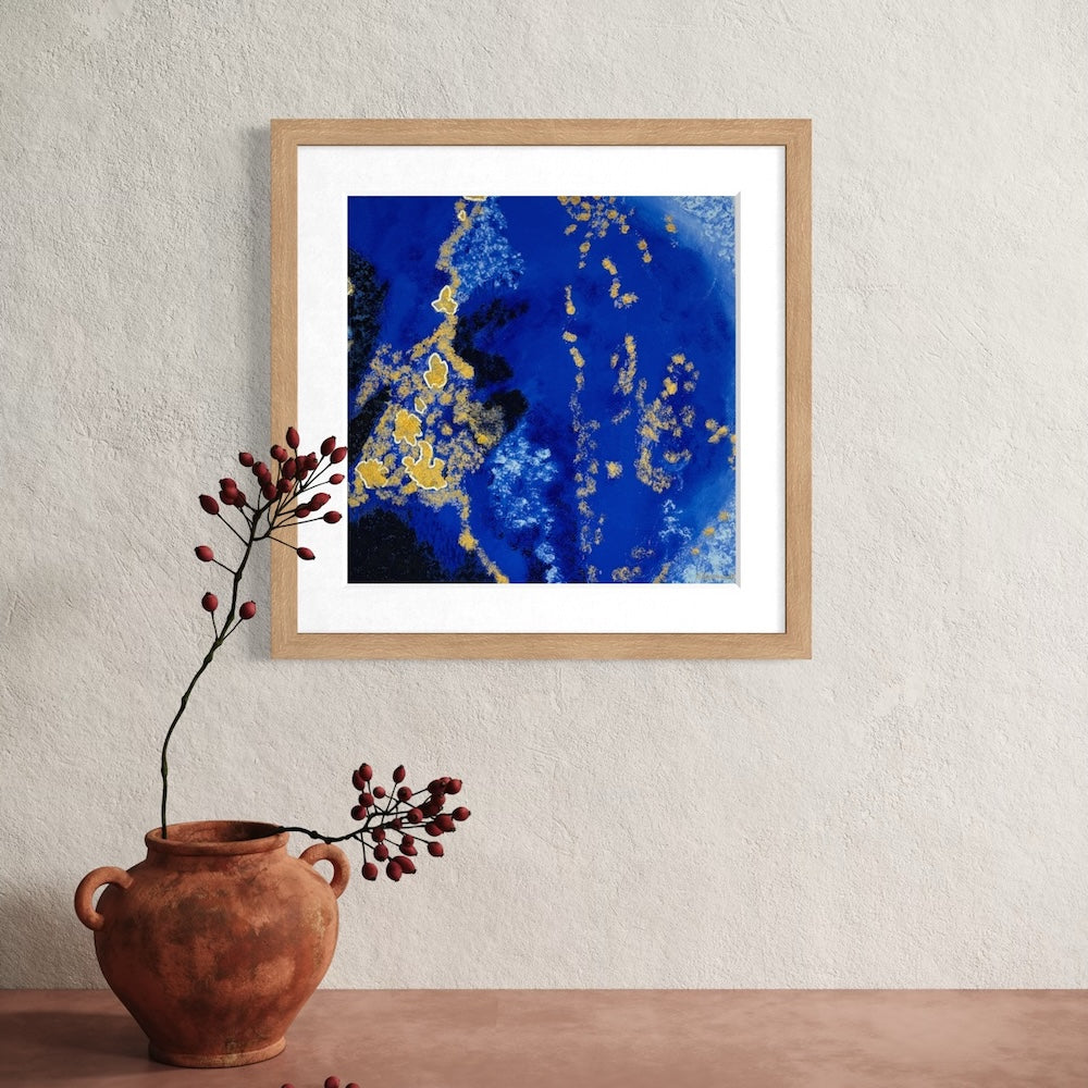 blue abstract limited edition paper print natural wood frame and white mount mockup image