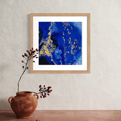 blue abstract limited edition paper print natural wood frame and white mount mockup image
