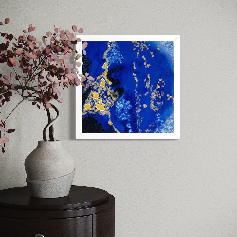 blue abstract limited edition paper print white wood frame mockup image